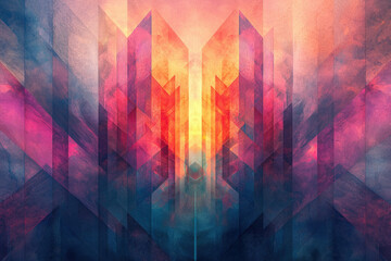 Poster - Abstract geometric artwork with vibrant hues of red, orange, and blue, creating a symmetrical and captivating design.