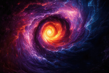 Leinwandbilder - A swirling vortex of vibrant purple, blue, and orange hues, resembling a cosmic nebula or fiery spiral.