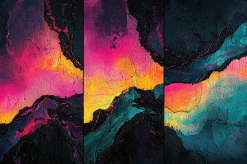 Aufkleber - Abstract artwork depicting a vibrant, textured landscape with pink, teal, and gold hues.