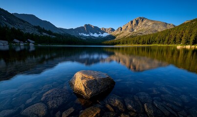 Canvas Print - Mountain lake reflection at sunrise, tranquil scene, perfect for travel brochures