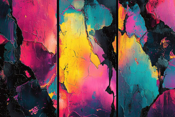 Aufkleber - Abstract triptych painting with vibrant, cracked textures in pink, teal, and yellow.