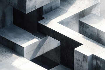 Aufkleber - Abstract 3D rendering of a complex concrete structure, showcasing intersecting geometric shapes and shadows.