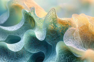 Poster - Abstract fractal art depicting intricate, flowing, lace-like structures in teal and gold hues.