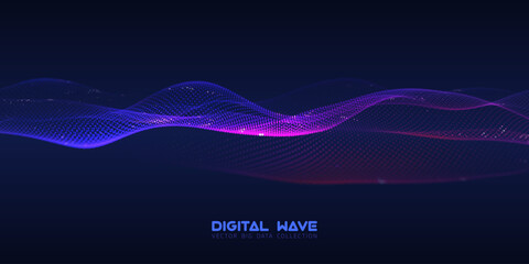 Poster - Abstract digital audio wave of particles with bokeh. Futuristic AI technology. Cyber data flow vector concept.