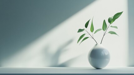 Poster - Charming green leaves in a white vase against a softly lit background in a serene indoor setting. Generative AI