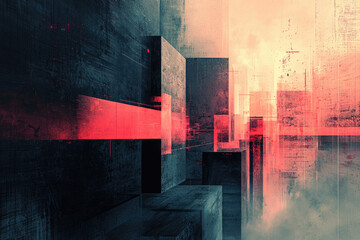 Poster - Abstract geometric cityscape with dark, textured cubes and vibrant red accents.