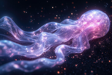Poster - A luminous jellyfish, ethereal and glowing, floats in a dark, glittering cosmos.
