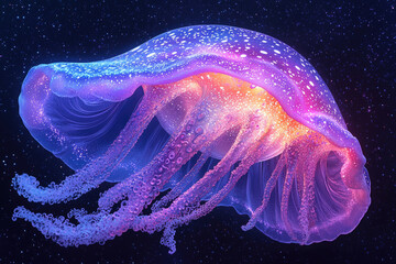 Poster - A vibrant, bioluminescent jellyfish, glowing with purple, pink, and orange hues, swims in the dark ocean.