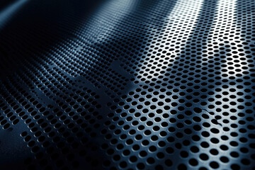 Poster - Dark metallic surface with evenly spaced circular holes, illuminated by streaks of light.