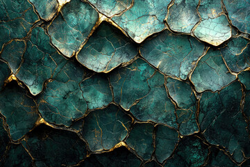 Poster - Abstract teal and gold textured background resembling cracked stone or scales, luxurious and opulent.