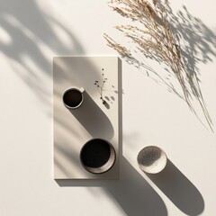 Poster - Tea and coffee setup on a minimalistic table with shadows and dried plants in natural light. Generative AI