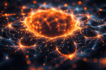 Poster - Abstract cosmic artwork depicting a fiery nebula with interconnected glowing particles and a central radiant core.