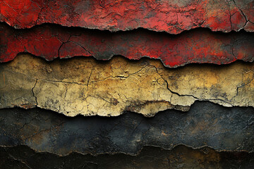 Poster - Abstract image of layered, cracked textures in red, beige, and black, evoking a sense of age and decay.