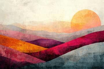 Poster - Abstract landscape painting of layered hills and a large sun, evoking a serene sunset scene.