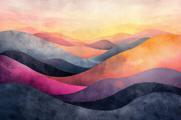Aufkleber - Abstract watercolor painting of layered hills at sunset, showcasing vibrant hues and textured surfaces.