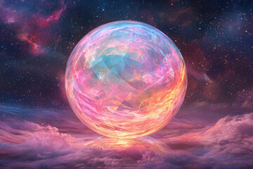 Poster - A vibrant, celestial sphere floats amidst swirling nebulae and clouds, a cosmic dreamscape.