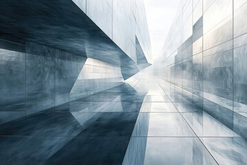 Poster - Abstract image of a futuristic, geometric hallway with reflective, marble-like walls.