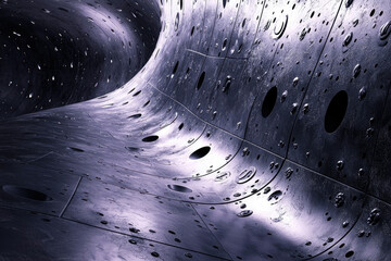 Poster - Abstract metallic tunnel, curving, textured surface with numerous holes, creating a futuristic, dark, and slightly ominous atmosphere.