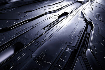 Poster - Abstract futuristic metallic surface with intricate panel lines and textures, sleek and dark.