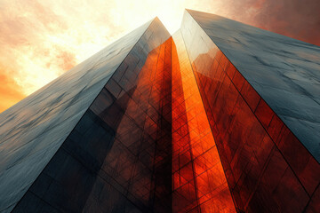 Aufkleber - A majestic skyscraper's glass facade, ablaze with sunset hues, creates a dramatic and awe-inspiring sight.