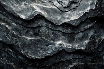 Poster - Dark, layered rock texture with deep shadows and intricate patterns, showcasing natural geological formations.