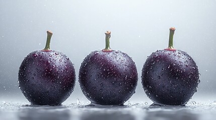 Wall Mural -   Three plums sit on a gray-backgrounded table, covered by raindrops