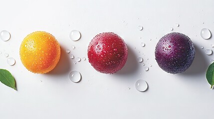 Wall Mural - three fruits sit atop a white surface with water droplets