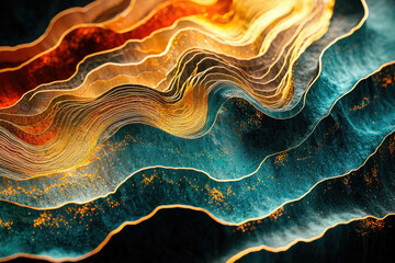 Poster - Abstract art depicting layered, undulating forms in teal, gold, and bronze; reminiscent of a landscape or geological formations.