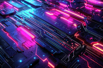 Poster - Abstract cyberpunk digital art depicting a futuristic circuit board with vibrant neon pink and blue glowing lines.