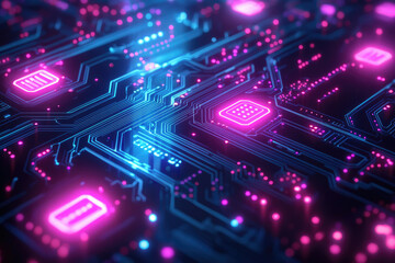 Poster - Abstract close-up of a glowing circuit board, showcasing intricate electronic pathways and integrated components.