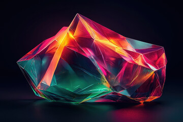 Aufkleber - A vibrant, multifaceted gemstone with iridescent colors glows in the dark, showcasing intricate details and reflective surfaces.