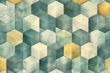 Poster - Abstract hexagonal tile pattern in muted green, beige, and gold tones.