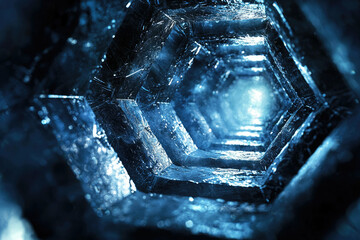 Poster - Hexagonal ice tunnel, glowing blue light at the end, abstract, cold, crystalline structure.