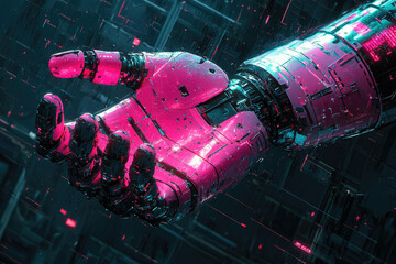 Poster - A vibrant pink robotic hand reaches out, futuristic and technological, showcasing advanced design.