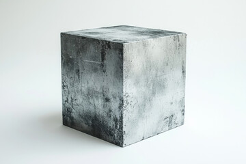 Poster - A weathered, cube-shaped metallic object, possibly made of aluminum or zinc, sits on a white background.