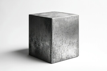 Poster - A weathered, gray cube stands alone against a stark white background, showcasing its rough texture and metallic appearance.