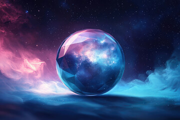 Poster - A faceted sphere containing a nebula floats in a cosmic expanse of pink and blue nebulae.