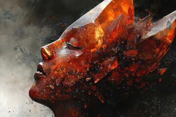 Aufkleber - A woman's face, seemingly formed from fiery amber crystals, rests serenely.