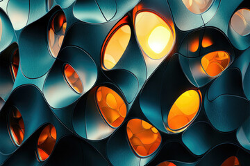 Poster - Abstract 3D rendering of a futuristic, biomorphic structure with teal and orange glowing elements.