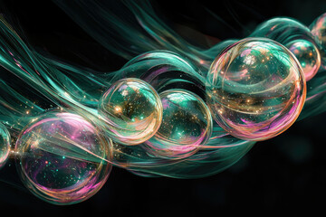 Poster - Iridescent orbs float in a swirling teal nebula, sparkling with cosmic dust.