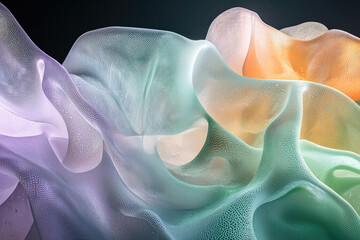 Poster - Abstract image of flowing, translucent fabric with pastel colors and textured surface.