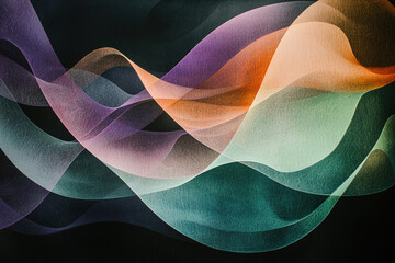 Poster - Abstract art featuring flowing, translucent waves in shades of purple, orange, and teal against a dark background.
