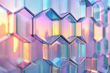 Poster - Abstract iridescent hexagonal pattern reflecting a sunset, creating a vibrant and colorful geometric design.