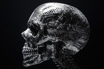Poster - Metallic skull profile, intricate layered design, dark background, 3D rendering.