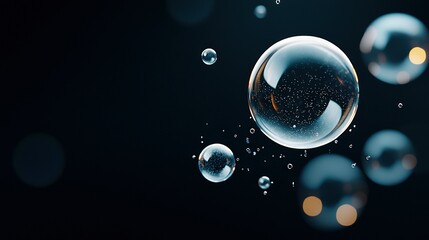 Wall Mural - a group of bubbles glistening on a black background, reflecting light from above