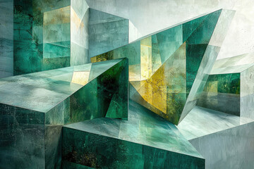 Poster - Abstract geometric art featuring intersecting teal and gold-toned glass or stone structures, creating a complex, modern design.