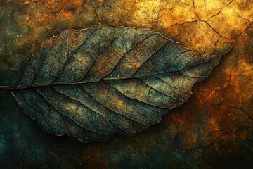 Aufkleber - A detailed close-up of a single, aged leaf resting on a textured, earthy background.