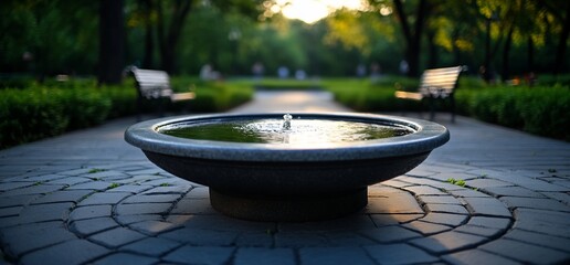 Canvas Print - Park fountain sunset, calm water, stone path