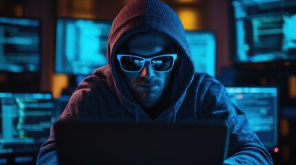 Male hacker in hoodie and sunglasses with computers in dimly lit room