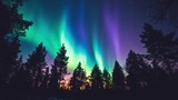 Aurora borealis over a forest in night sky, vibrant aurora colors